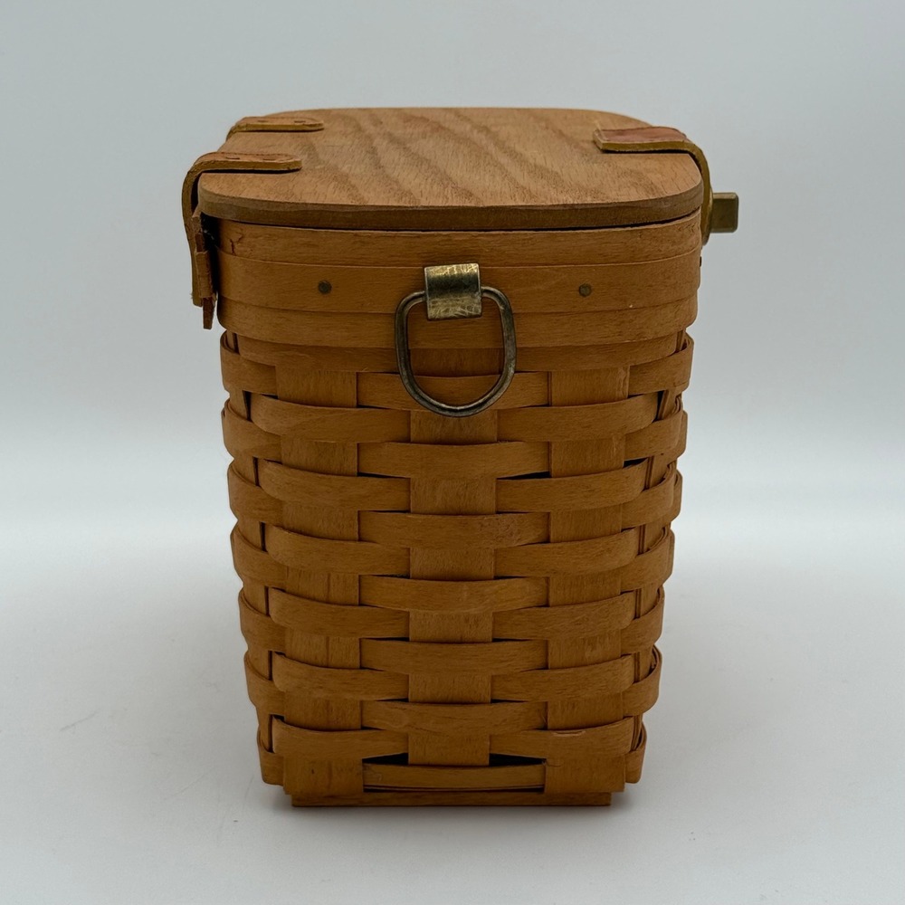 Longaberger 1996 Handwoven Basket WoodLid Leather Closure Clear Liner Dresden OH - Picture 2 of 9